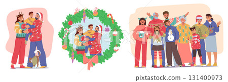 Happy family cartoon characters wearing warm festive Christmas sweaters portraits isolated set 131400973
