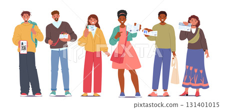 Diverse people cartoon characters showing personal documents, entry and ID cards isolated set Diverse people cartoon characters showing personal documents, entry and ID cards isolated set 131401015