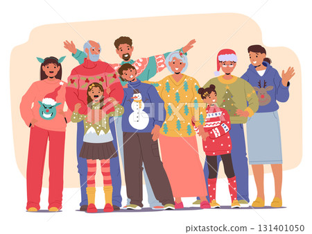 Big family members wearing warm Christmas sweaters standing together showcasing holiday spirit Big family members wearing warm Christmas sweaters standing together showcasing holiday spirit 131401050