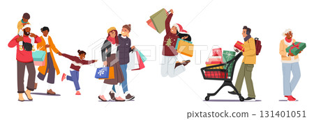 Excited people customers diverse cartoon characters enjoying Christmas shopping isolated set Excited people customers diverse cartoon characters enjoying Christmas shopping isolated set 131401051