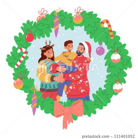 Happy parents and son portrait in Christmas wreath decorative frame isolated on white background Happy parents and son portrait in Christmas wreath decorative frame isolated on white background 131401052