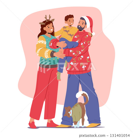 Father, mother and son wearing cute warm Christmas sweaters and festive headwear standing together 131401054