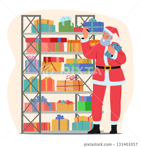 Santa Claus checking kids presents at storehouse preparing for travel and gifts delivery cartoon Santa Claus checking kids presents at storehouse preparing for travel and gifts delivery cartoon 131401057
