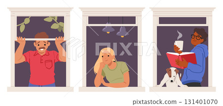 Mature man, pensive young woman and teenage boy with book looking out of window frame isolated set 131401070