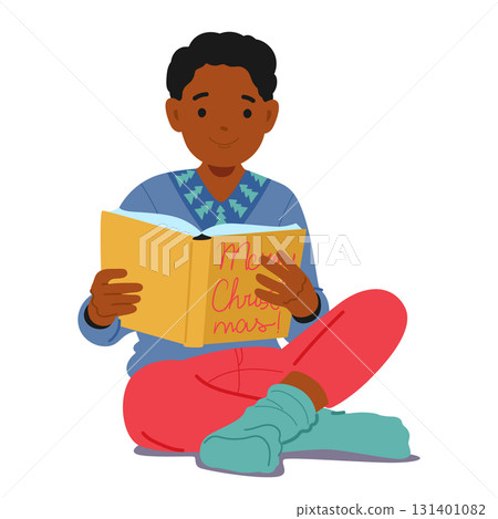 Cute curious boy child cartoon character reading Christmas story book sitting isolated on white Cute curious boy child cartoon character reading Christmas story book sitting isolated on white 131401082