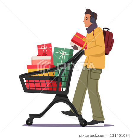 Guy cartoon character pushing shopping basket trolley cart with Christmas presents isolated on white 131401084