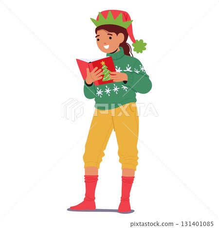 Cute little school girl child cartoon character wearing Christmas festive clothes reading book 131401085