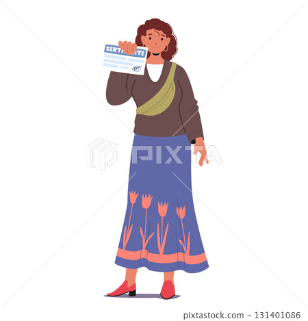 Woman cartoon character showing approval certificate paper document isolated on white background Woman cartoon character showing approval certificate paper document isolated on white background 131401086