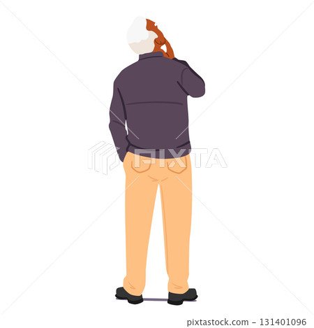 Back view on senior man cartoon character in thinking pose standing isolated on white background 131401096