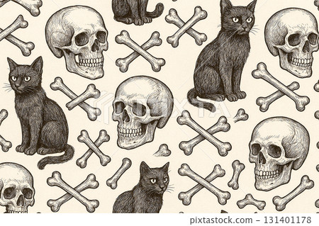 Seamless Pattern with Skulls, Bones and Black Cats Seamless Pattern with Skulls, Bones and Black Cats 131401178