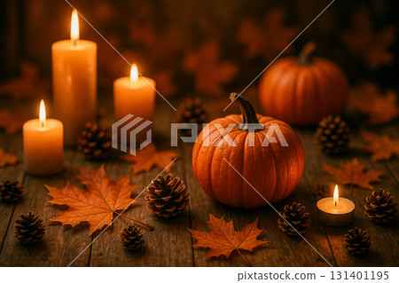 Cozy Autumn Still Life with Pumpkins, Candles and Pine Cones Cozy Autumn Still Life with Pumpkins, Candles and Pine Cones 131401195