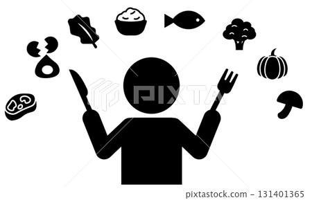 A pictogram depicting people surrounding food A pictogram depicting people surrounding food 131401365