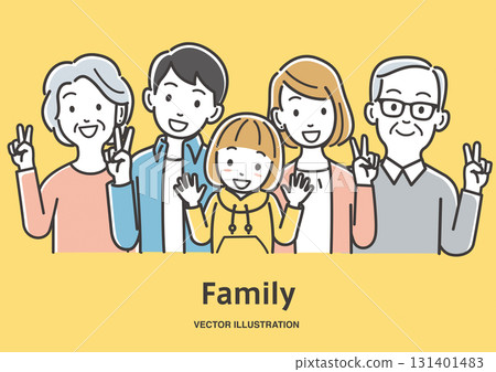 A two-generation family smiling and making a peace sign A two-generation family smiling and making a peace sign 131401483