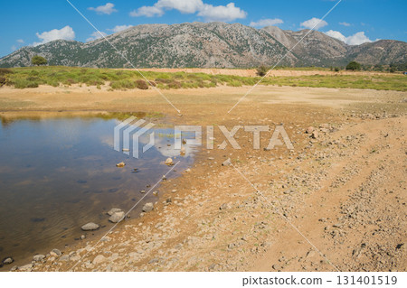 Climate change issue, lake drying in Omalos village in Crete White mountains. 131401519