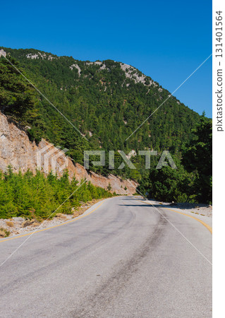 Mountain road section in Crete near Omalos in White Mountains with pine trees. 131401564