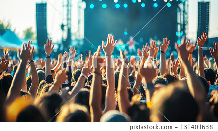 Crowd of spectators raising their hands at a summer outdoor festival 131401638