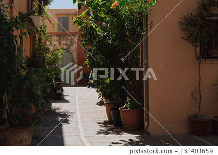 Narrow picturesque street of the old town of Rethymno filled with many green potted plants 131401659