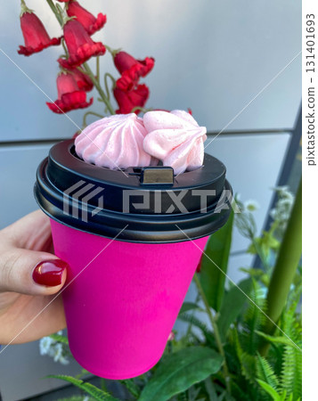 Bright Pink Coffee Cup with Meringue 131401693