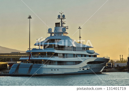 Luxurious multi-level yacht in a Greek port 131401719