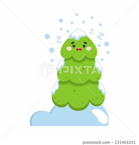 cute Christmas tree is frozen in winter under snow. Funny illustration for New Year and Christmas. cute Christmas tree is frozen in winter under snow. Funny illustration for New Year and Christmas. 131401831