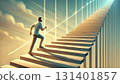 A man climbing the stairs one step at a time towards his goal. For psychology, self-development, and learning content. 131401857