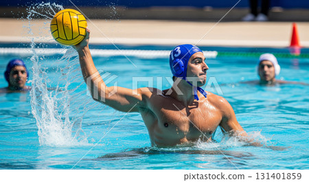 A high-action, professional sports photograph capturing a dynamic moment in a game of water polo. A high-action, professional sports photograph capturing a dynamic moment in a game of water polo. 131401859