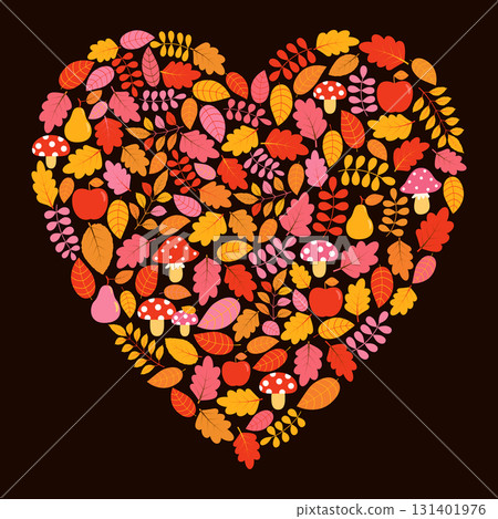 Autumn yellow and red leaves in a heart shape, cute fall background with mushrooms, apples and pears Autumn yellow and red leaves in a heart shape, cute fall background with mushrooms, apples and pears 131401976