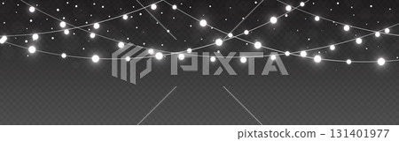 Christmas lights decoration with falling snow on transparent background. Glowing white garlands. Fairy bulbs for festive design, web or print. Greeting card decor template. Vector Illustration Christmas lights decoration with falling snow on transparent background. Glowing white garlands. Fairy bulbs for festive design, web or print. Greeting card decor template. Vector Illustration 131401977