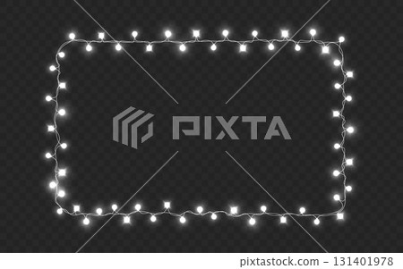 Christmas lights border glowing on transparent background. Silver festive rectangular frame for New Year or winter holiday design. White garland frame for poster or greeting card. Vector Illustration Christmas lights border glowing on transparent background. Silver festive rectangular frame for New Year or winter holiday design. White garland frame for poster or greeting card. Vector Illustration 131401978