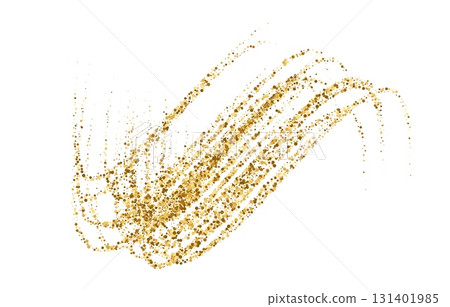 Dynamic golden waves with small particles and shine effects. Gold stipple flow waves, glitter undulate pattern. Golden vector curved dashed gradient flow for holiday design, abstract background 131401985