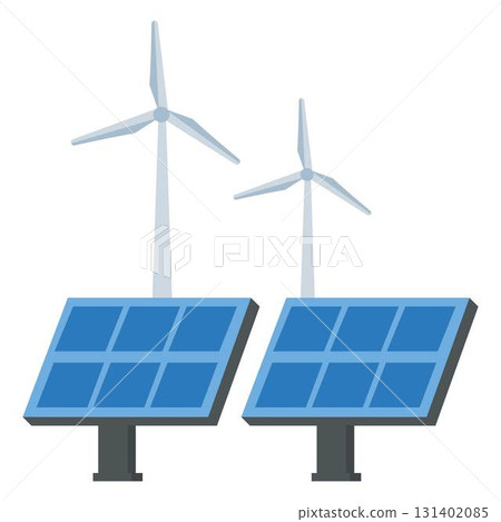 Solar panels on large wind turbines background. Windmills 131402085