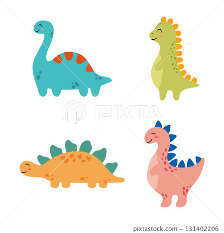 Set of cute cartoon dinosaurs in scandinavian style. Colorful design for kids, baby prints. Vector illustration isolated on white background. Set of cute cartoon dinosaurs in scandinavian style. Colorful design for kids, baby prints. Vector illustration isolated on white background. 131402206