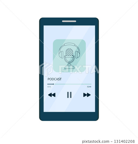 Podcast concept. Smartphone with an application for listening to podcasts on the screen. Vector illustration in flat cartoon style. 131402208