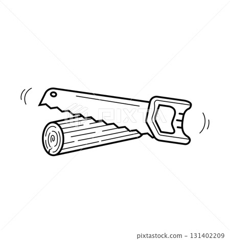 Hand saw sawing a tree. Hand drawn icon in sketch doodle style. Isolated vector illustration. 131402209