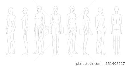 Vector illustration of a 9 head woman silhouette, displaying multiple angles including front, side, and back. Perfect 131402217