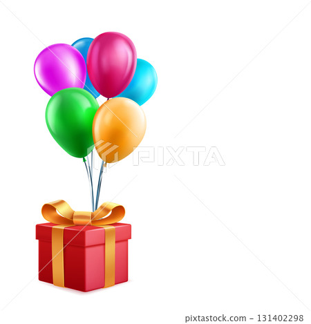 Colorful balloons tied to a gift box with a ribbon. 131402298
