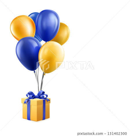 Yellow gift box with blue ribbon and balloons. 131402300