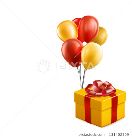 Yellow gift box with red balloons. Yellow gift box with red balloons. 131402309