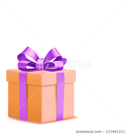 Orange gift box with purple ribbon and bow. 131402311