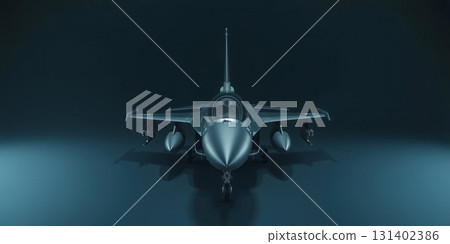 Conceptual representation of the frontal view of a modern dark fighter jet standing on the ground ready for combat and parked Conceptual representation of the frontal view of a modern dark fighter jet standing on the ground ready for combat and parked 131402386