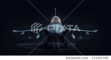 Conceptual representation of the frontal view of a modern dark fighter jet standing on the ground ready for combat and parked 131402389