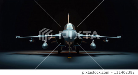 Conceptual representation of the frontal view of a modern dark fighter jet standing on the ground ready for combat and parked 131402392