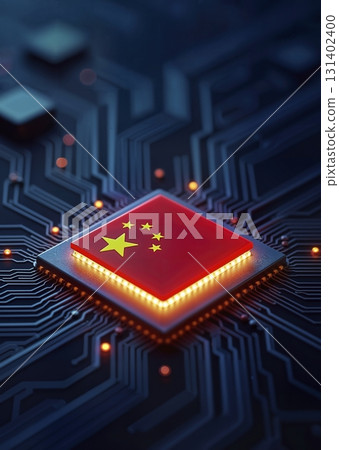 A chinese-made computer chip with the flag of people republic of china, ensuring independence from foreign production - ai generated 131402400