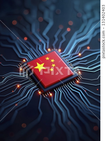 A chinese-made computer chip with the flag of people republic of china, ensuring independence from foreign production - ai generated 131402403