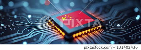 A chinese-made computer chip with the flag of people republic of china, ensuring independence from foreign production - ai generated A chinese-made computer chip with the flag of people republic of china, ensuring independence from foreign production - ai generated 131402430