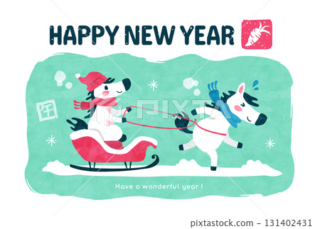 新年賀卡（馬年）馬在雪橇上玩耍冬季可愛模板 131402431