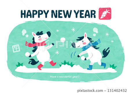 新年卡（馬年）馬打雪仗可愛的冬季模板 131402432