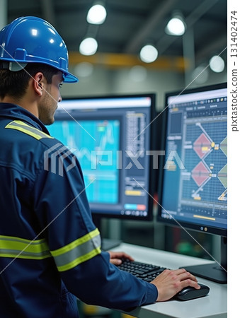 Industrial process controller monitors factory operation on dual screens - ai generated 131402474