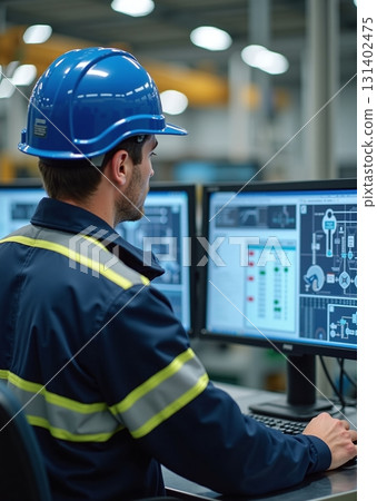 Industrial process controller monitors factory operation on dual screens - ai generated 131402475