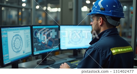 Industrial process controller monitors factory operation on dual screens - ai generated Industrial process controller monitors factory operation on dual screens - ai generated 131402477